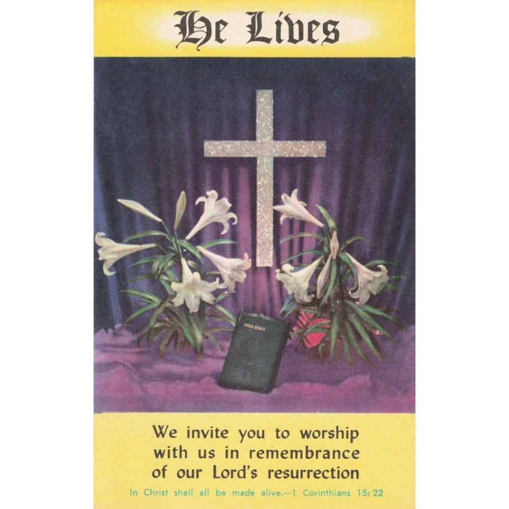 Vintage He Lives Religious Easter Postcard Glitter Cross Lilies Bible S.P. Co. - Picture 1 of 2